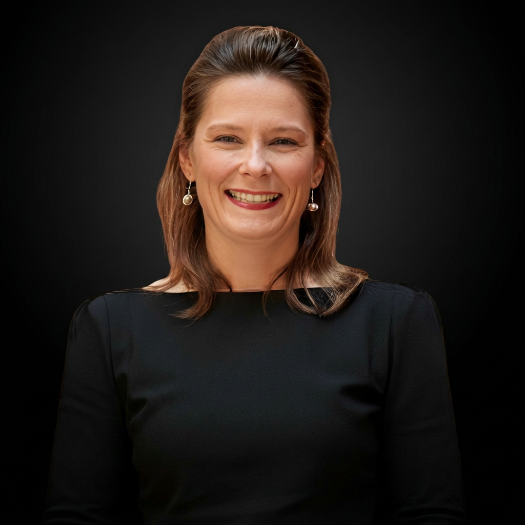 Denise Feldner, Rechtsanwältin, vor einem abstrakten Gemälde
